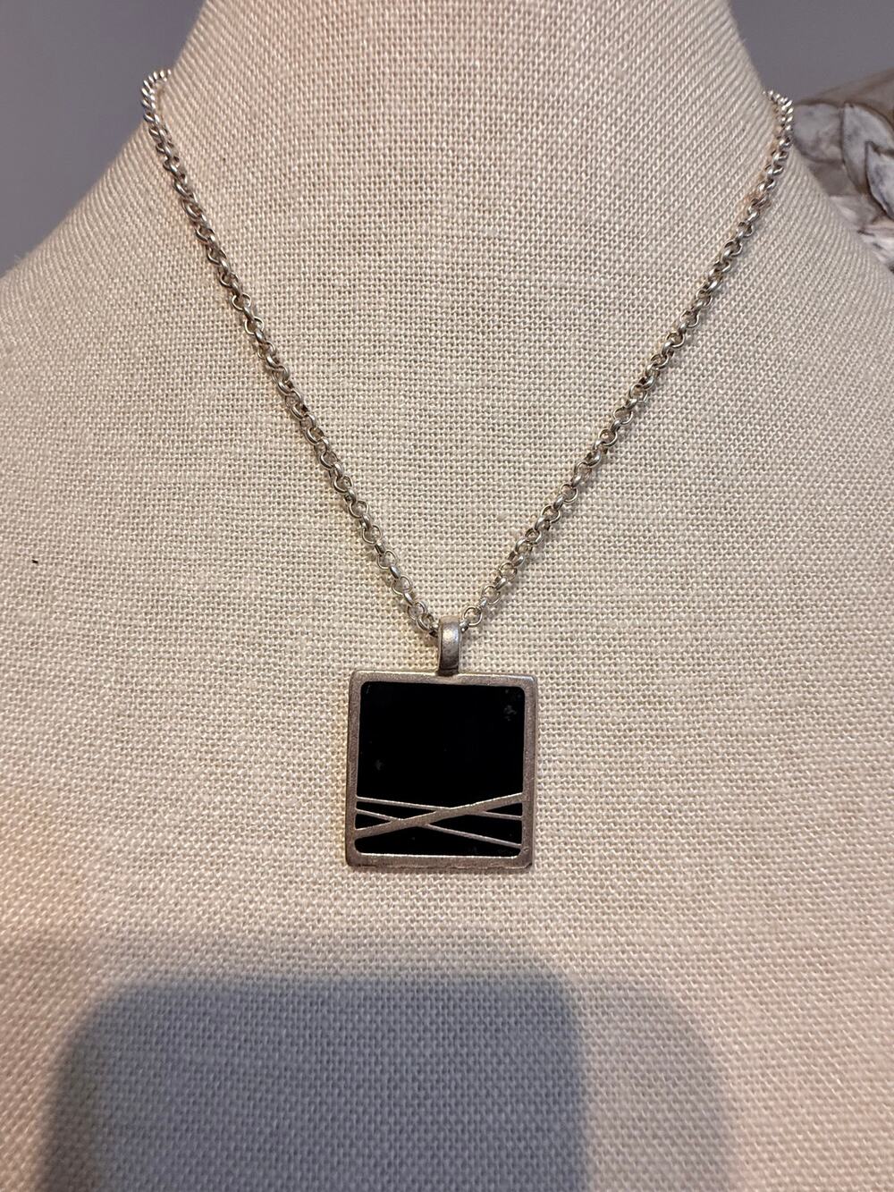 Vintage Black Square Pendant Necklace 16”
